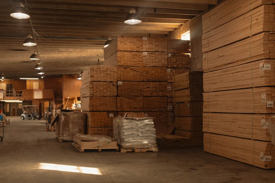 Stacks of lumber in the warehouse